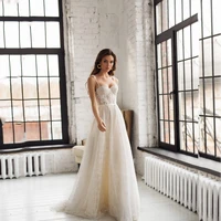 2022 simple spaghetti straps tulle wedding dress elegant sweetheart neck a line lace appliques lace up backless bridal gown