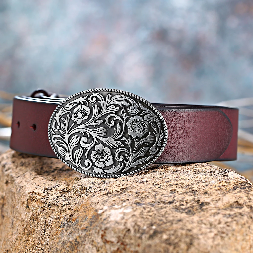 Tangcao retro pattern western denim belt Zinc alloy belt buckle with 3.8cm leather belts for men's and women