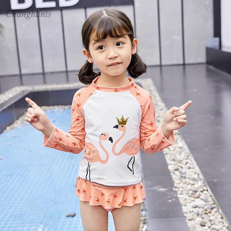 

Girls Two Piece Swimwear Kids Swimsuit Children Long Sleeve Rash Guard with Orange White Flamingo Print 1-7 Y Baby Surfing Suit