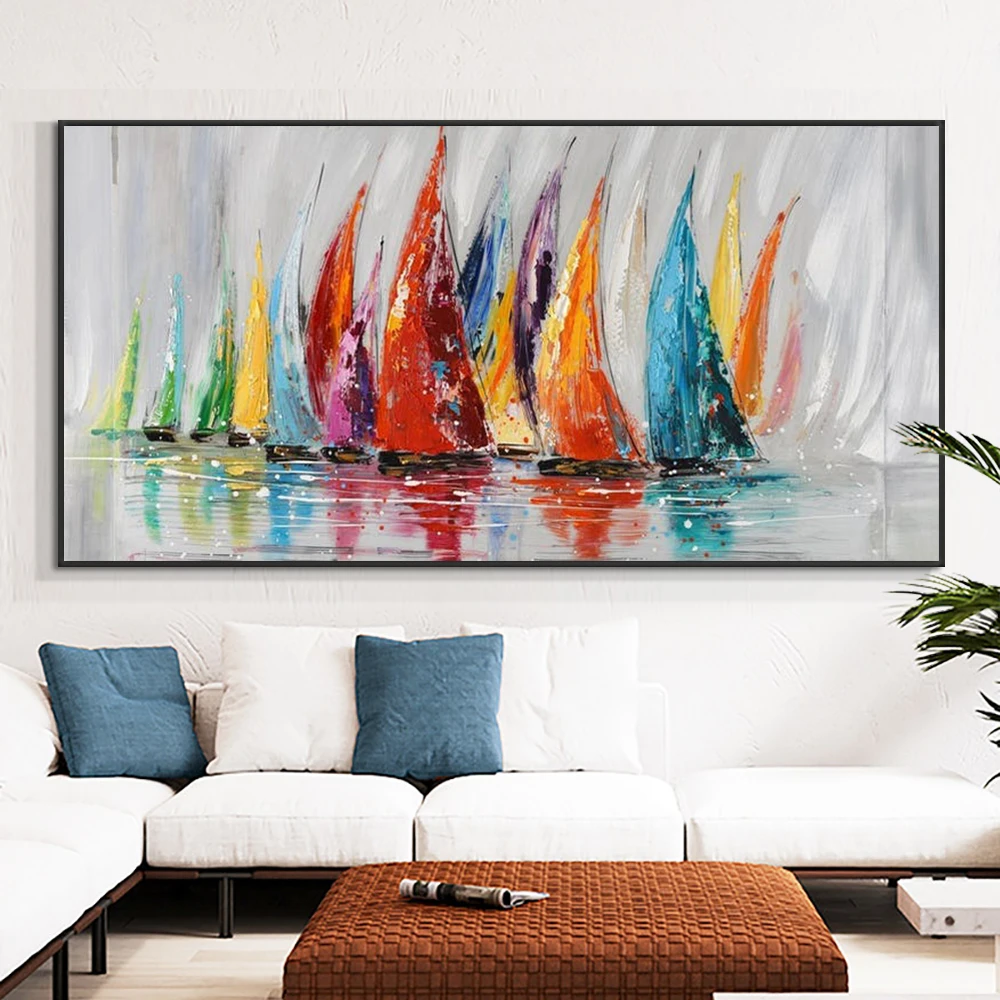 

Hand-Painted 3D Abstract Colorful Sailing Boat Oil Painting Wall Hanging Art Dining Living Room Home Bedroom Decor No Framed