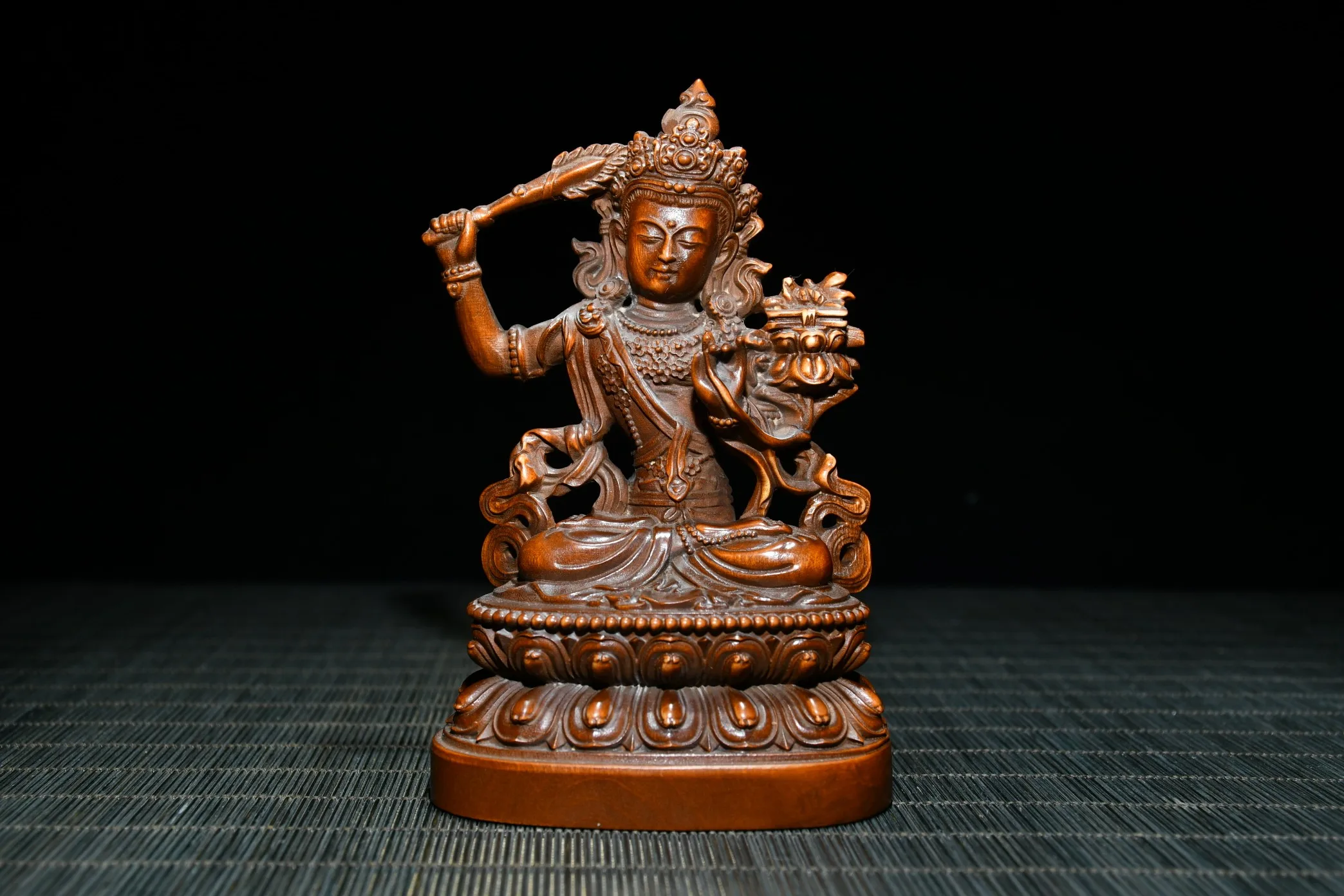 

5 дюймов Китайская народная коллекция Seikos Boxwood Manjushri Guanyin Bodhisattva с мечом сидящий Будда офисные украшения городской дом