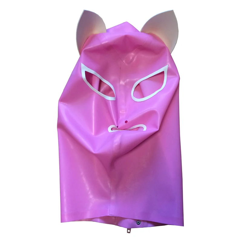 Кошка Женщины Розовый Латекс капюшон резиновая маска с белыми ушами молния сзади