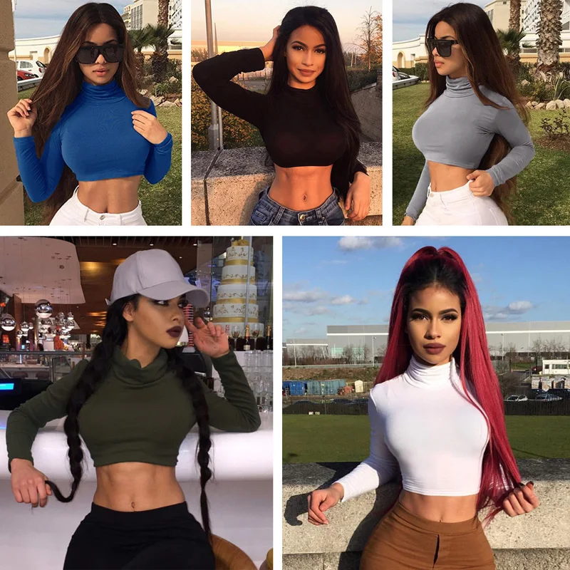 

Sexy T Shirt Women Long Sleeve Turtleneck Casual Slim Crop Tops Solid Shirt Skinny Clubwear Short Top