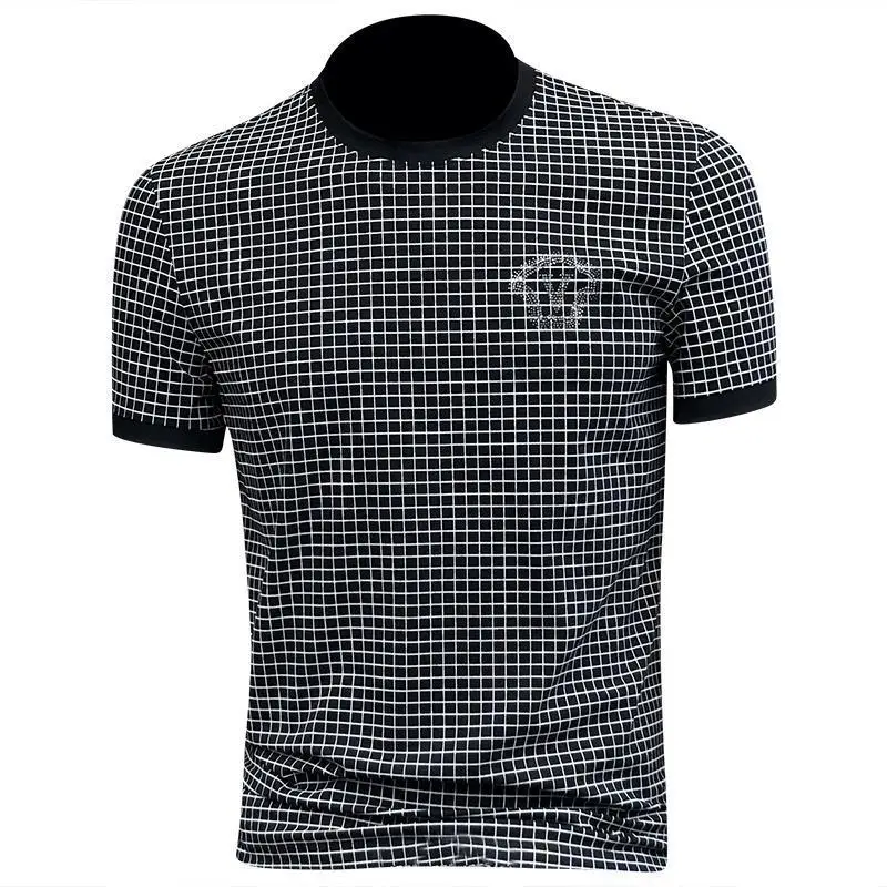 

Men's summer new round neck handsome slim striped Plaid short sleeve T-shirt