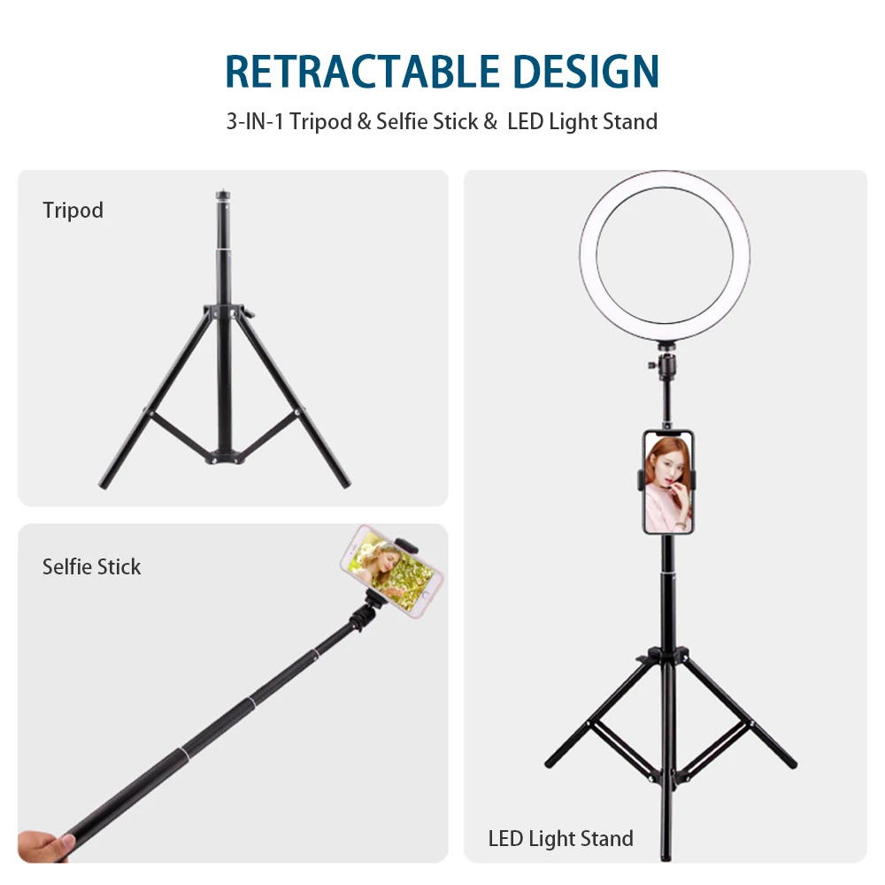 Многофункциональный светодиодный кольцевой светильник 10 дюймов регулируемый