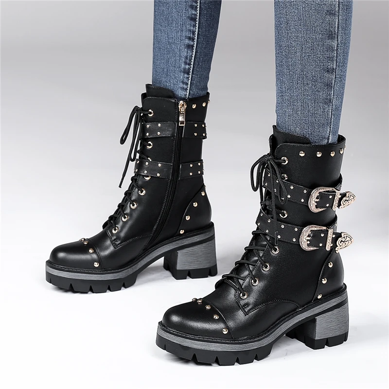 

CONASCO New Genuine Leather Women Mid-Calf Boots High Heels Shoes Woman Rivets Zipper Popular Cool Fashion Motorcycle Boots 2021