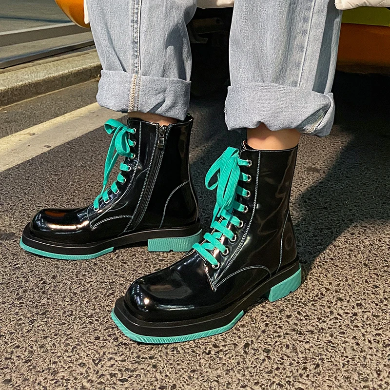 

2020 spring and autumn new thick bottom lace-up square head Martin boots leather candy color medium tube boots female X234
