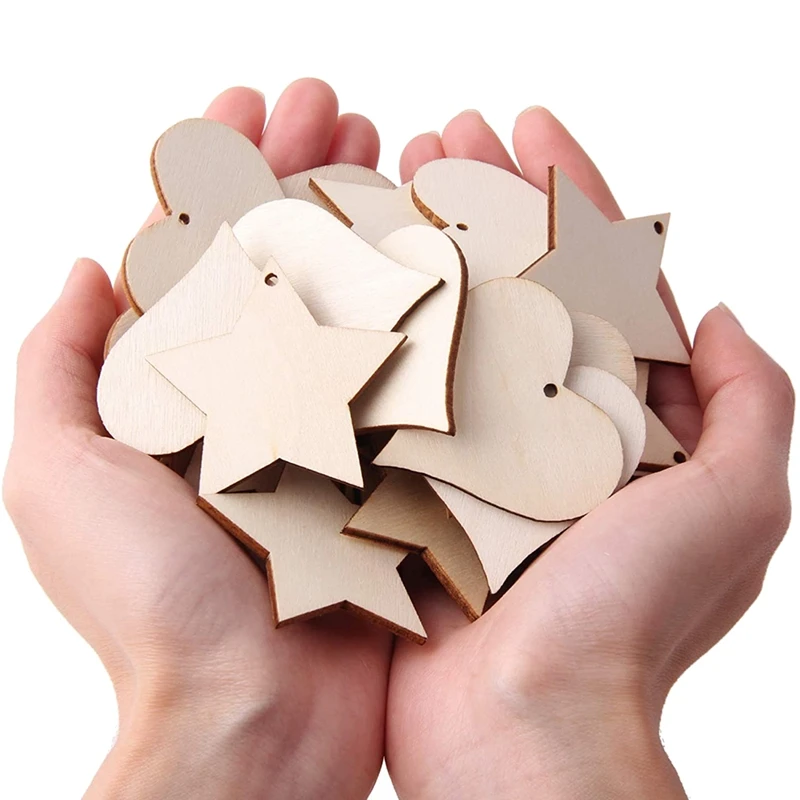 Promotion! 100Pcs 2 Inch Wooden Hearts &amp Stars Shape Slices Blank Tags with Hole Unfinished Wood Cutout Labels DIY Art Craft | Дом и сад