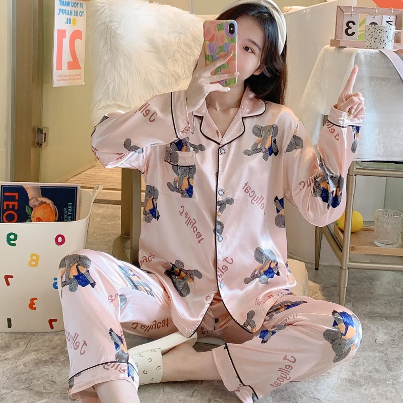 CAIYIER Women Pajamas Set Autumn Long-sleeved Pants Cute Turn-down Collar Nightwear Sexy Silk Cartoon Cartoon  Home Clothing 2XL