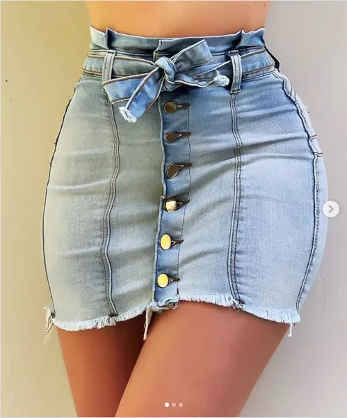 

Summer New Ol Commuter Button Sash Bow Women Skirt Waistband Denim Skirt