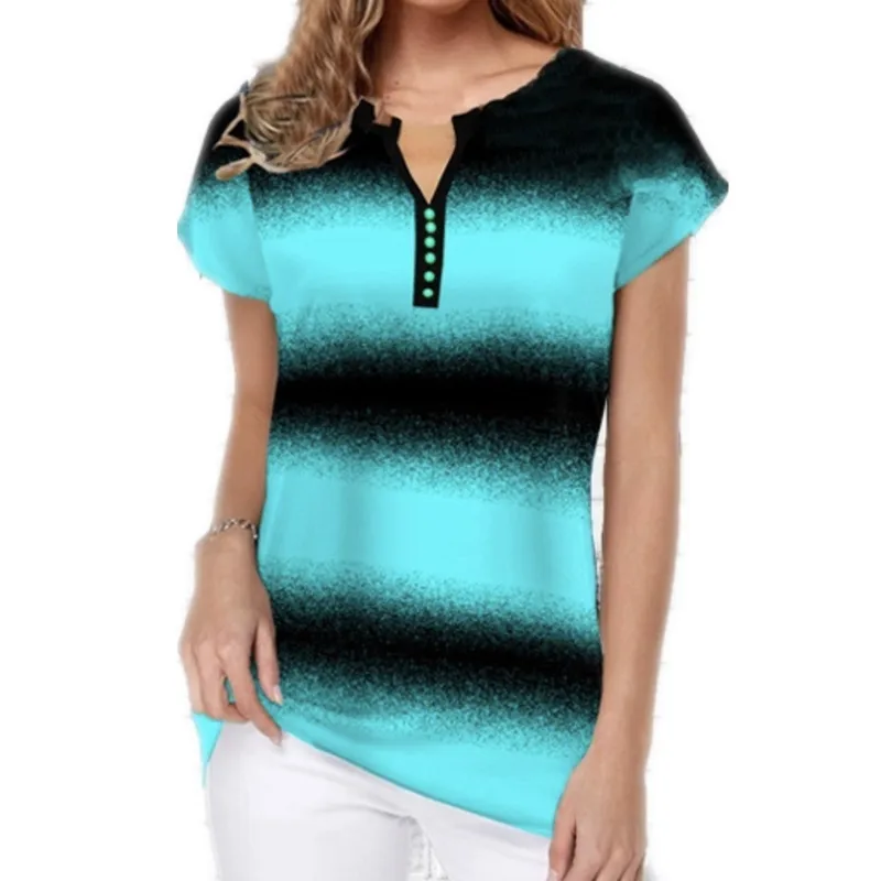 

New 2021 Women Summer Blouse Gradient Striped Blouses Fashion Short Sleeve Button V-Neck Lady Shirt Plus Size Casual Shirts Tops
