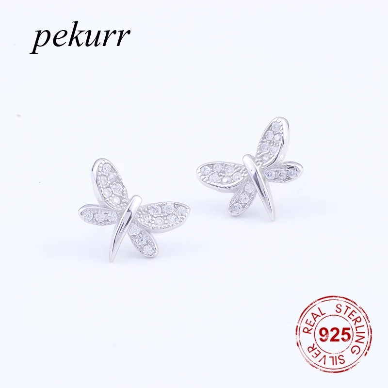 Pekurr 925 Sterling Silver CZ Zircon Butterfly Dragonfly Women Stud Earrings Fashion Jewelry For Girl Insect Style Ear Gifts