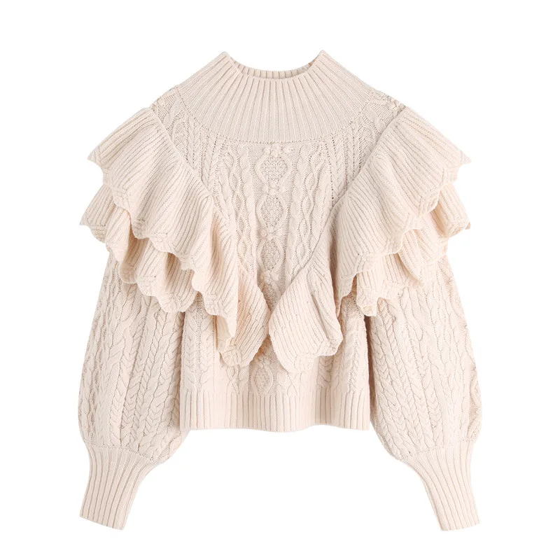 

Laminated High Neck Knitted Sweaters Vintage Pullovers Tops Jumpers 2021 Winter Fashion Women Ruffled Chic Sweet Lantern Sleeve