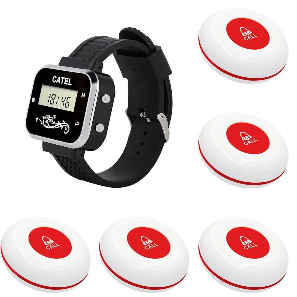 CATEL Waterproof Wireless Calling System 5 Call Button Transmitter 1 Watch Pager Receiver Restaurant Waiter Service Bell Buzzer