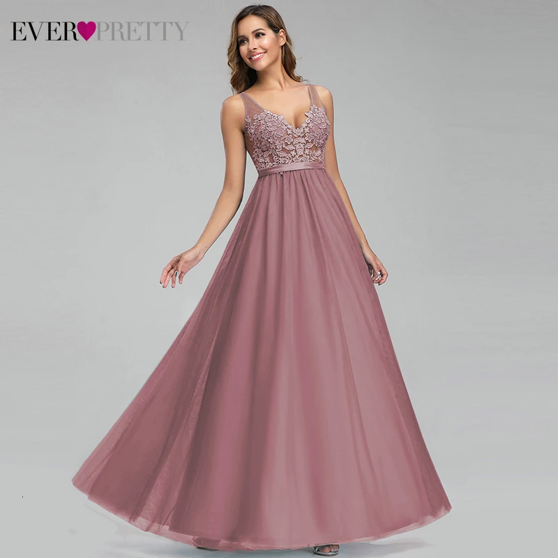 Dusty Pink Ever Pretty Dusty Blue Вечерние платья трапециевидной формы с v-образным вырезом и аппликацией, Сексуальные вечерние платья с открытой спиной, элегантные платья для вечеринки, Robe De Soiree - Цвет: Dusty Pink