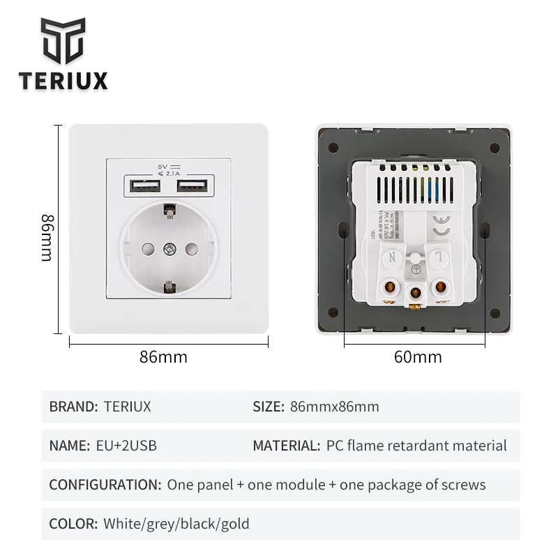 Евророзетка Утопленная два USB 86 видов