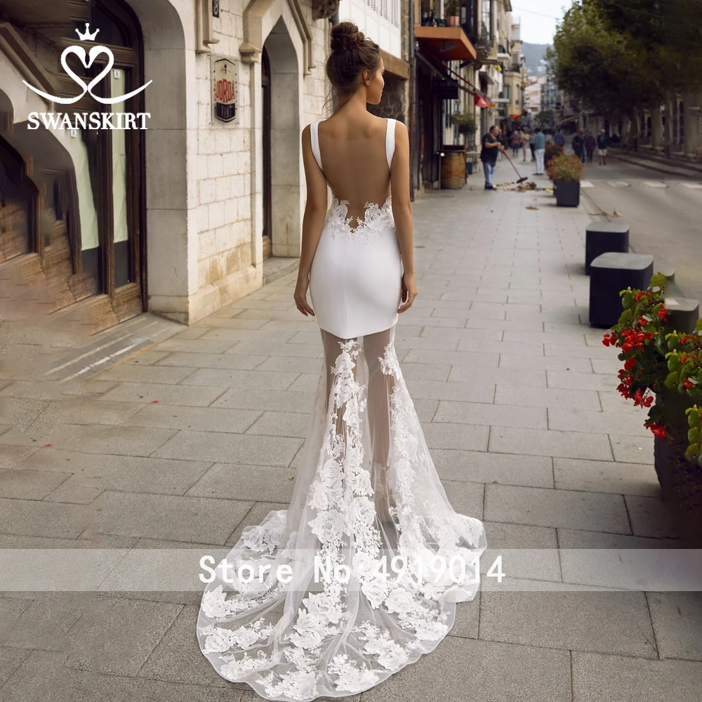 Атласное иллюзионное свадебное платье Swanskirt Сексуальная аппликация открытая спина суд поезд невесты платье Индивидуальные vestido de noiva TZ21