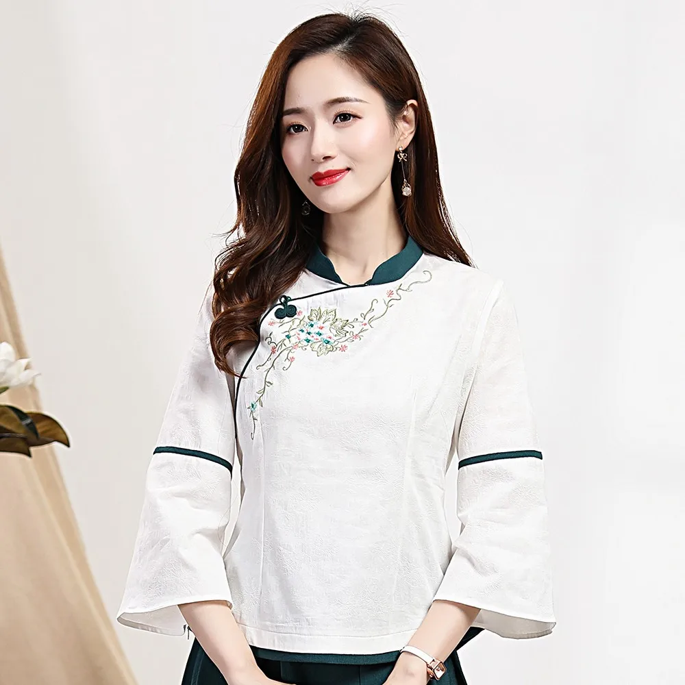 

Vintage Embroider Flower Tang Clothes Women Mandarin Collar Blouse Tops LadIes Traditional Shirt Cotton Linen Plus Size 3XL