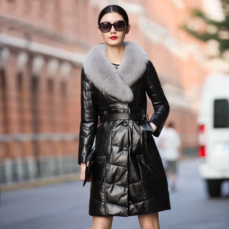 

Outono e inverno moda nova jaqueta de couro para baixo casaco longo preto de alta qualidade pele de carneiro clássico casaco de
