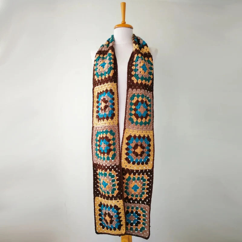 

Granny Square Soft Yarn Brown Scarf Thicken Warm Handmade Cute Shawls For Women Vintage Colorful Wraps Kintting Winter Clothing