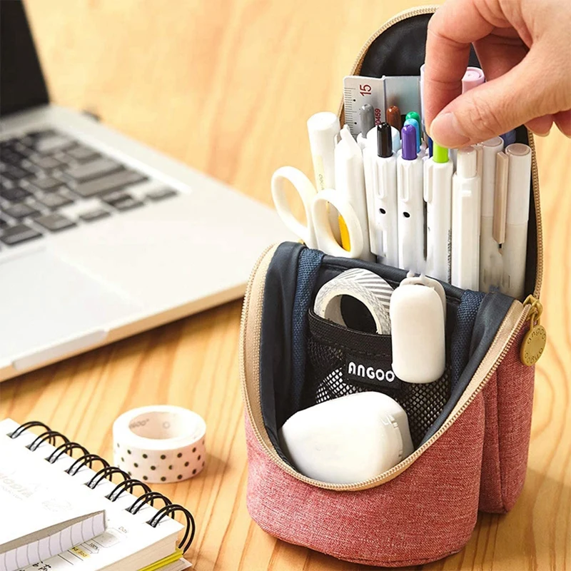 

ANGOO Standing Pencil Case Cell Phone Support Stand Up Fold Down Pen Holder Office School Desk Stationery Organizer