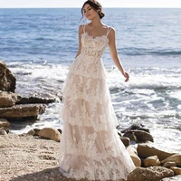 bohemian lace wedding dresses beach bridal gown floor length sweep train tiered sweetheart 2022 boho a line spaghetti straps