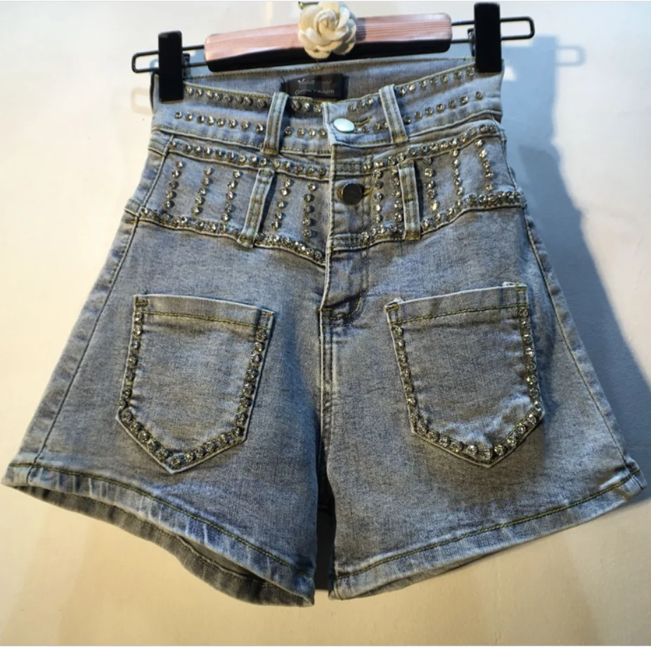 

Heavy industry fashion beads diamond denim shorts women high waist 2020 new summer wide leg jeans shorts