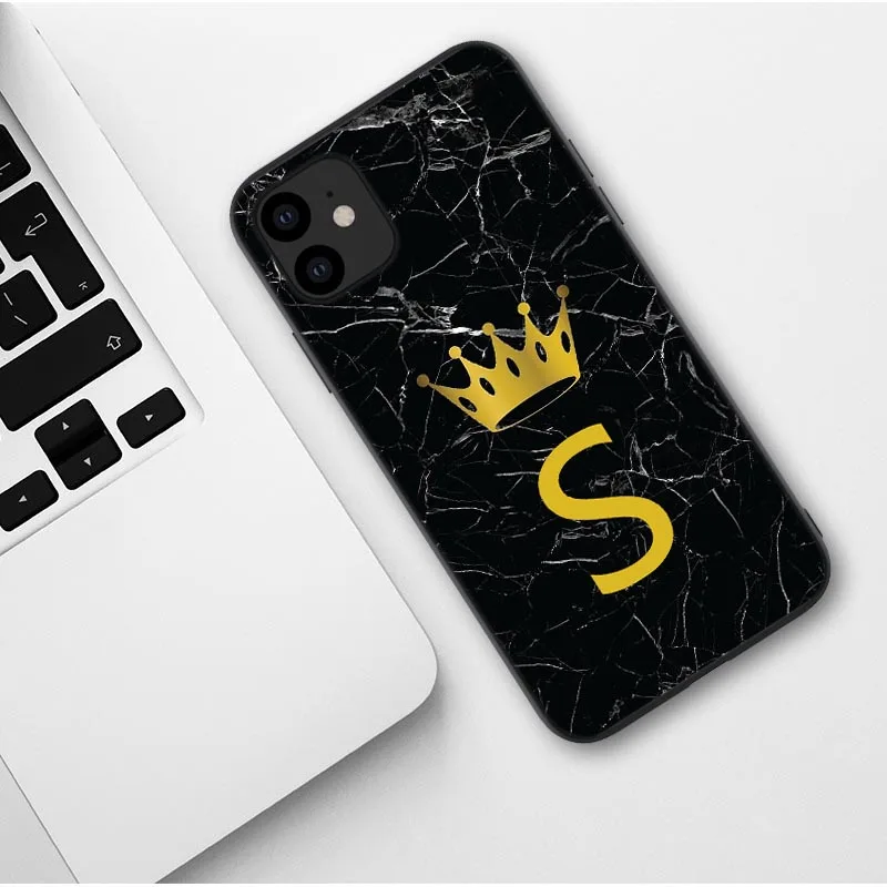 TPU Пользовательский именной чехол для телефона для iphone 11 Pro Max с надписью монограмма черный мрамор Золотая Корона чехол для iphone X XR XS MAX 6 7 8 Pus - Цвет: TPU