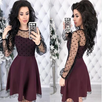 Wine red- Модное лоскутное кружевное платье в горошек, женское винтажное платье с круглым вырезом размера плюс для вечеринок, женское шикарное тонкое осеннее платье трапециевидной формы с длинными рукавами - Цвет: Wine red-
