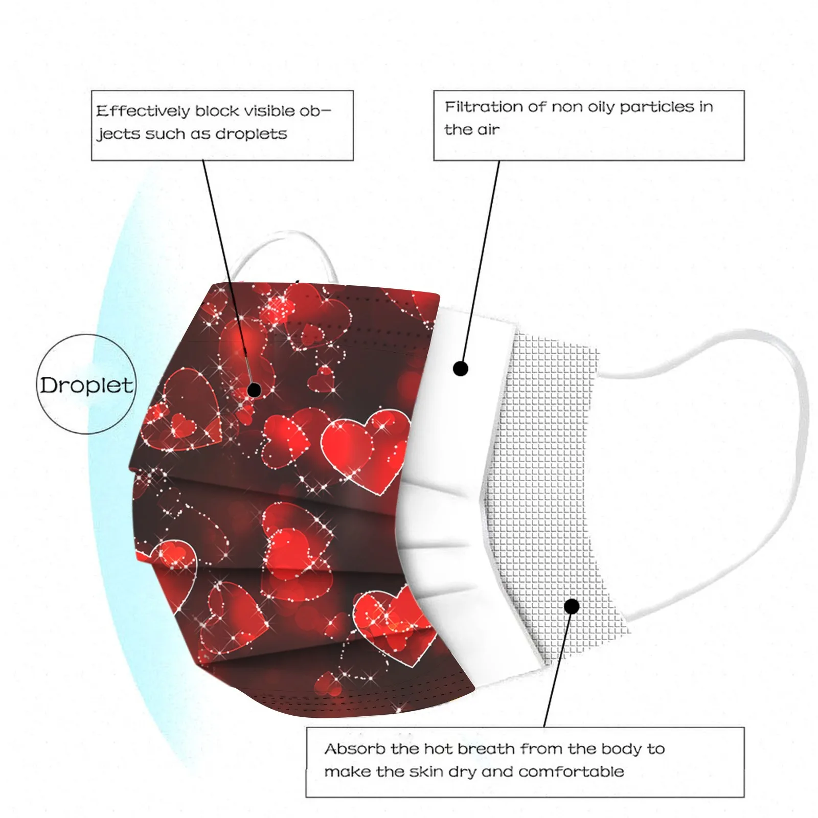 

Heart Prints Mask Disposable Mascarillas Filters Face Masks Adult Facial Mouth Mask 50pcs Valentine's Day 3 -layer Mascara