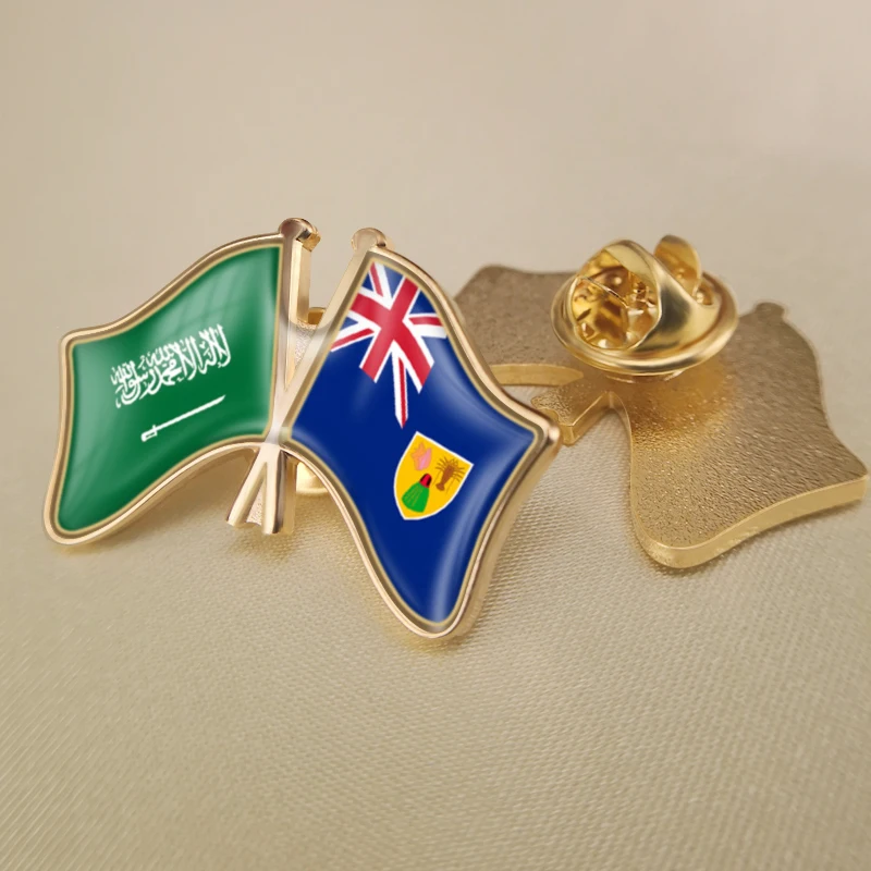 

Saudi Arabia and Turks and Caicos Islands Crossed Double Friendship Flags Lapel Pins Brooch Badges