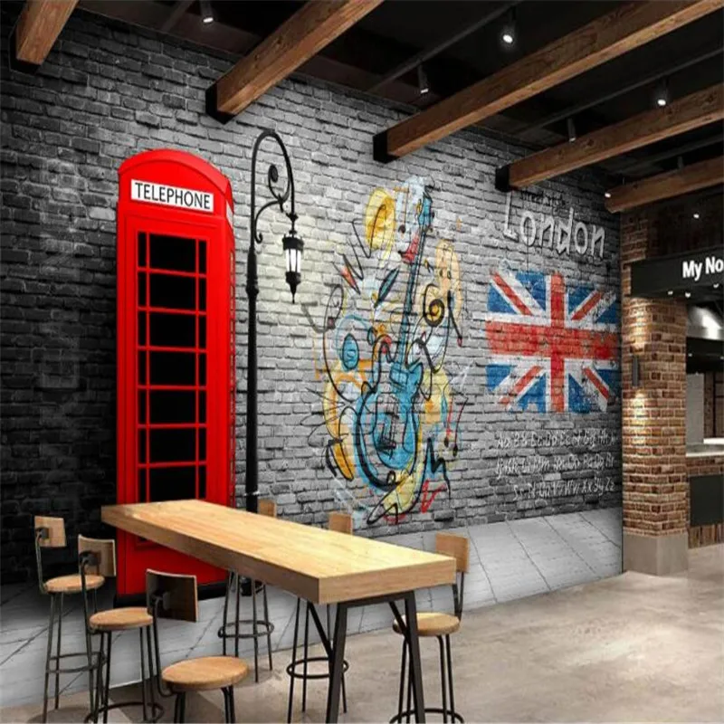 Ретро британский промышленный стиль красная телефонная будка кирпичная стена 3D