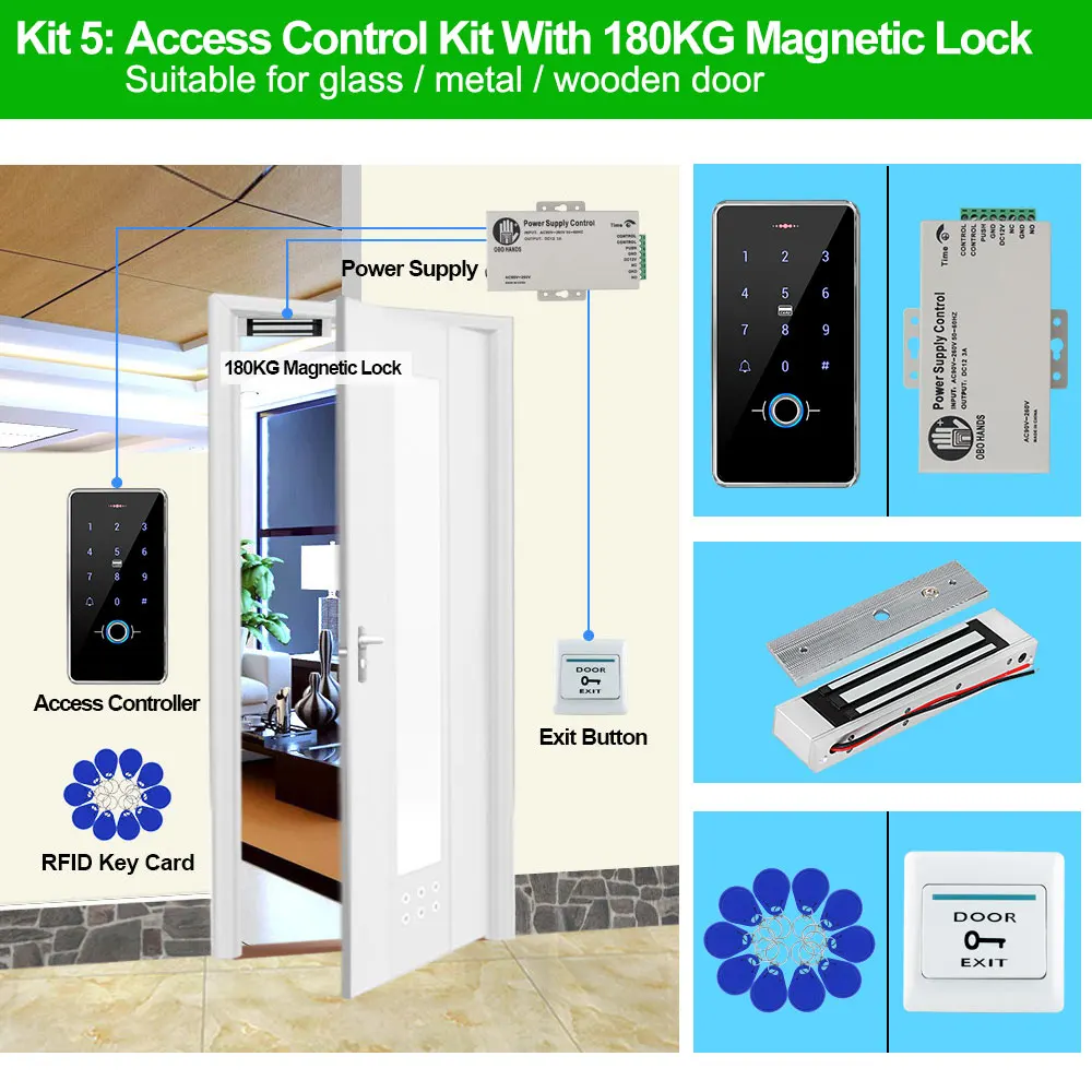 

Биометрическая RFID-клавиатура, водонепроницаемость IP68, система контроля допуска к двери, блок питания, электрические магнитные ударные замки 180 кг для дома