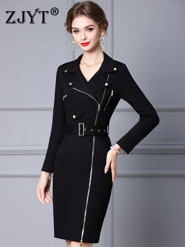 

Женское офисное платье-блейзер с длинным рукавом и поясом