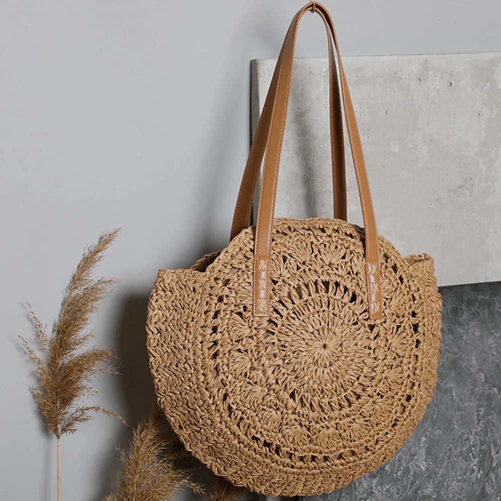 

2021 Summer Round Straw Bags for Women Rattan Shoulder Bag Girls Handmade Woven Beach Handbags Female Large Capacity Totes Bag