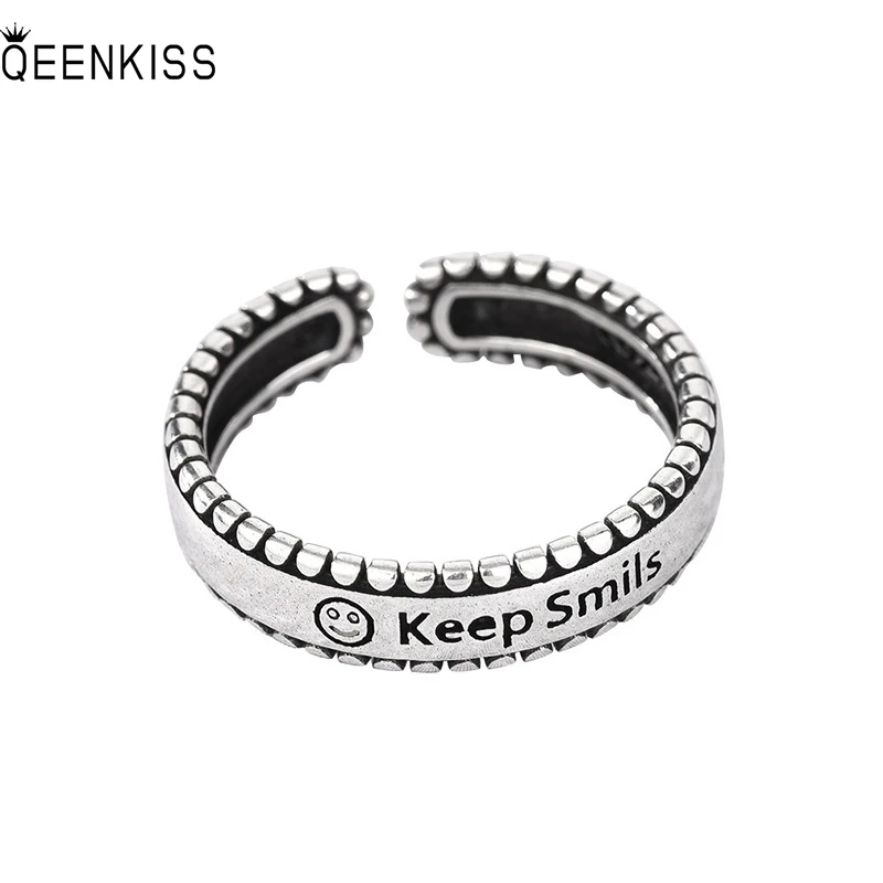 

QEENKISS RG6398 2022 Fine Jewelry Wholesale Fashion Woman Girl Birthday Wedding Gift Retro Smiley 925 Sterling Silver Open Ring
