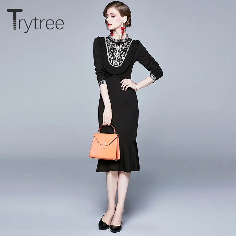 Trytree/2019 осеннее женское Повседневное платье с круглым вырезом и оборками Вышитое