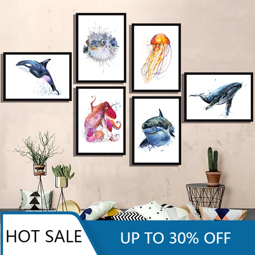 Мультяшные Медузы Осьминог дельфин рыба скандинавские плакаты и принты