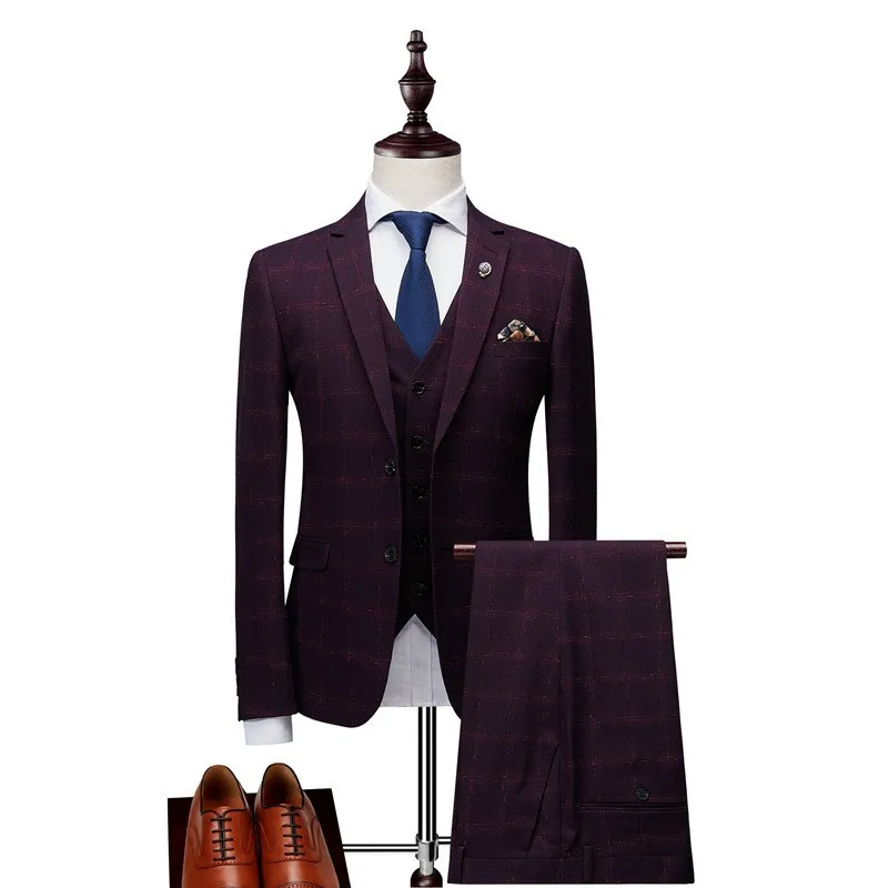 

Men's suit latest classic men's suit 3 piece set (jacket + pants + vest) men's wedding groom West decoration plaid suit