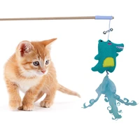 creative wood pet toys interactive cat teaser rod linen knitted cute strawberry dinosaur head cat bell wand cat accessories