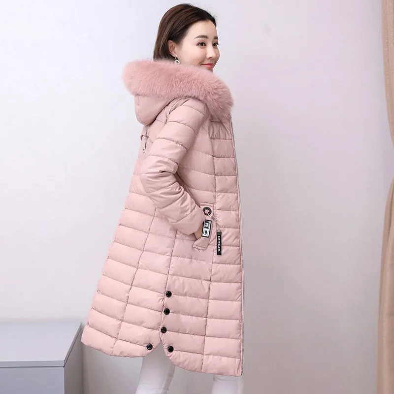 

Winter Fashion Women Pu Leather Long Jacket Padded Warm Parka Real Foxu Fur Collar Hoody Overcoat Office Ladies Slim Fit Parkas