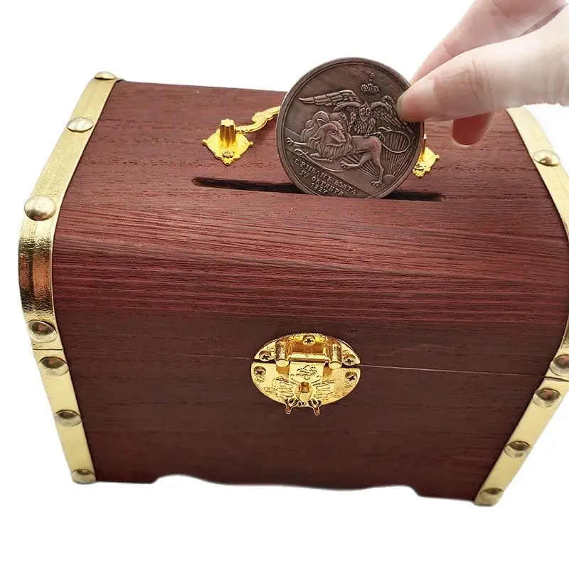 Деревянная коробка Копилка в стиле ретро с замком для хранения монет денег