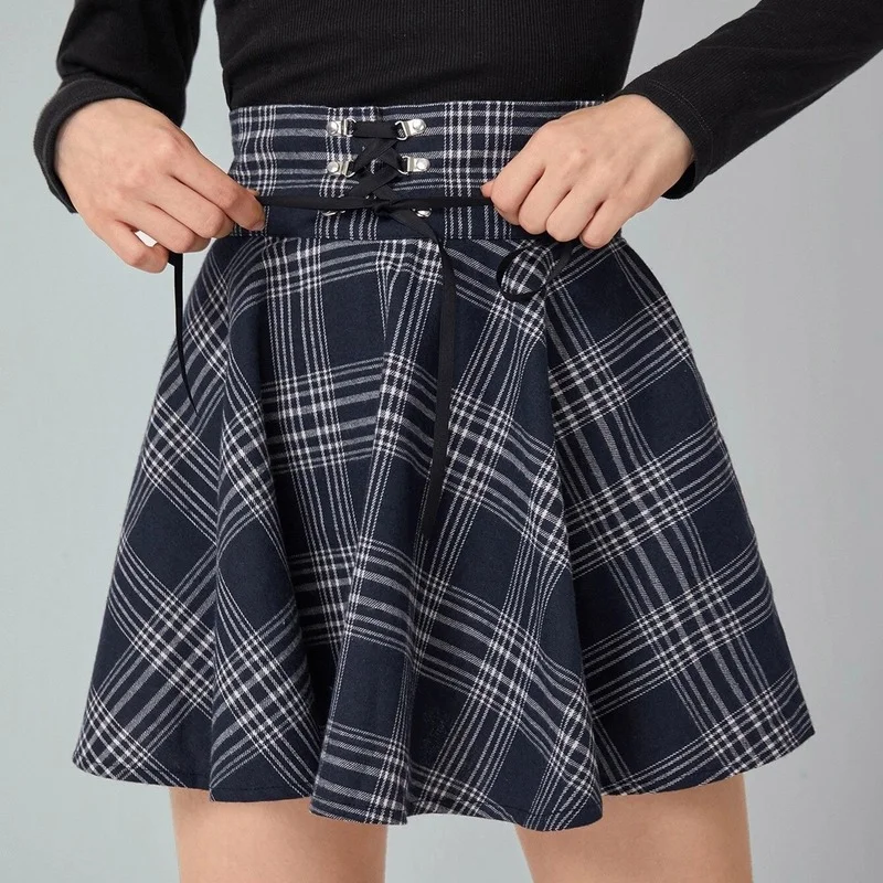 

2021 Girls Retro Punk Casual Skirts Ladies Mini Plaid Lace Up Skirt Spring Summer Women High Waist Korean Style Pleated Skirts