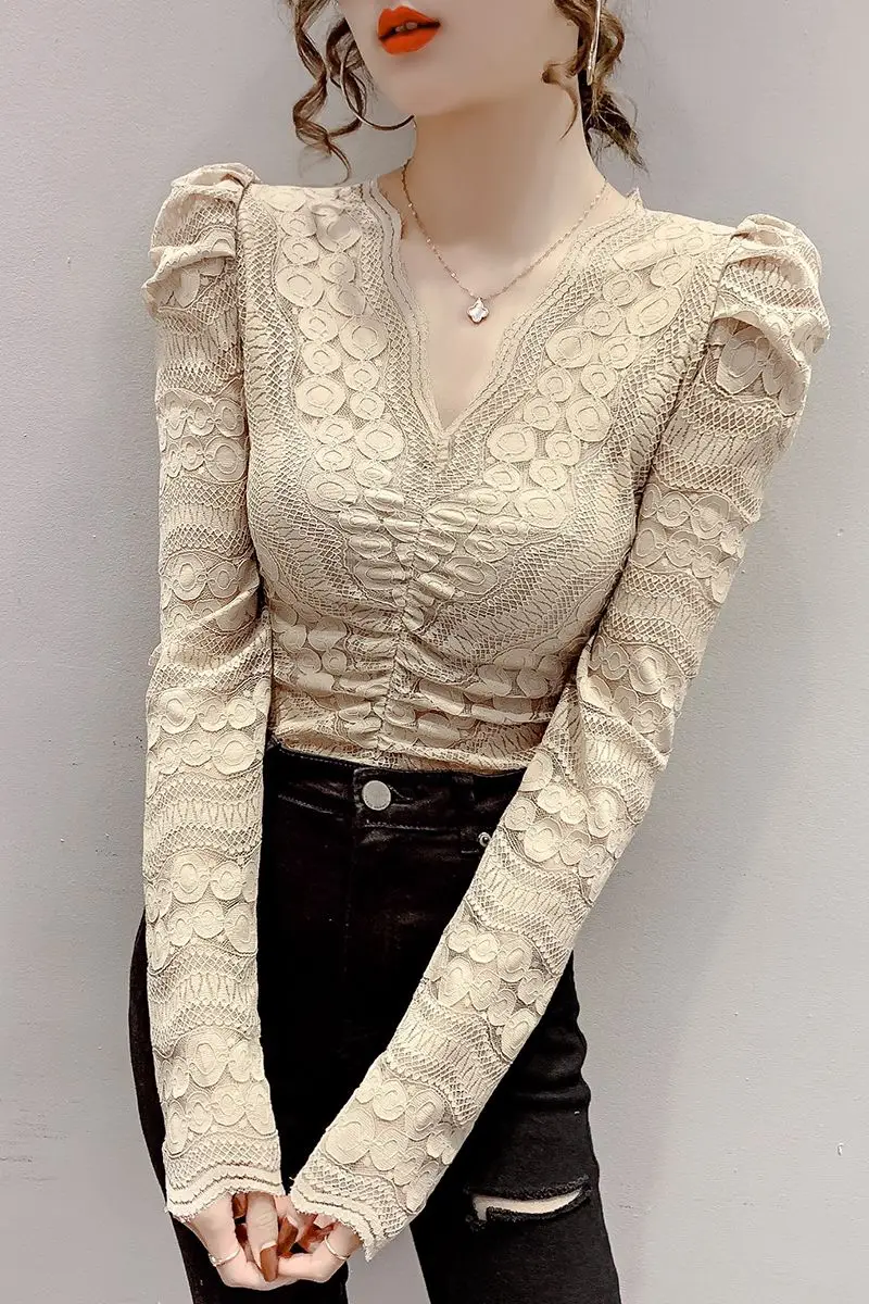 

COIGARSAM Solid blouse women Spring Lace blusas womens tops and blouses Khaki White Black 201