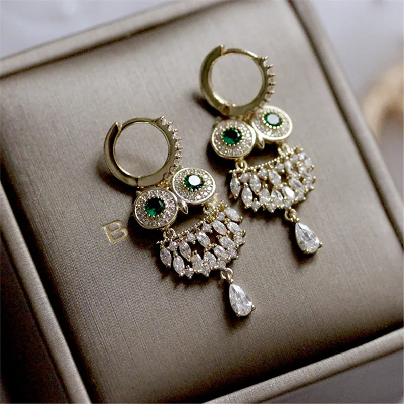 Серьги-клипсы S925 для женщин Высококачественная инкрустация зеленая стразы Сова