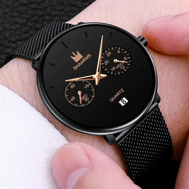 Мужские высококачественные ультра тонкие кварцевые часы из нержавеющей стали с