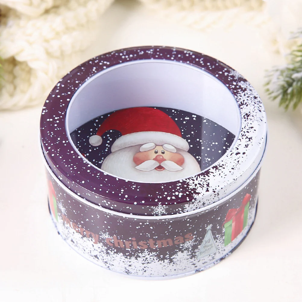 

2PCS Christmas Round Iron Box Creative Candy Jar Transparent Lid Portable Hanging Case Ornament Party Supplies (Purple Santa