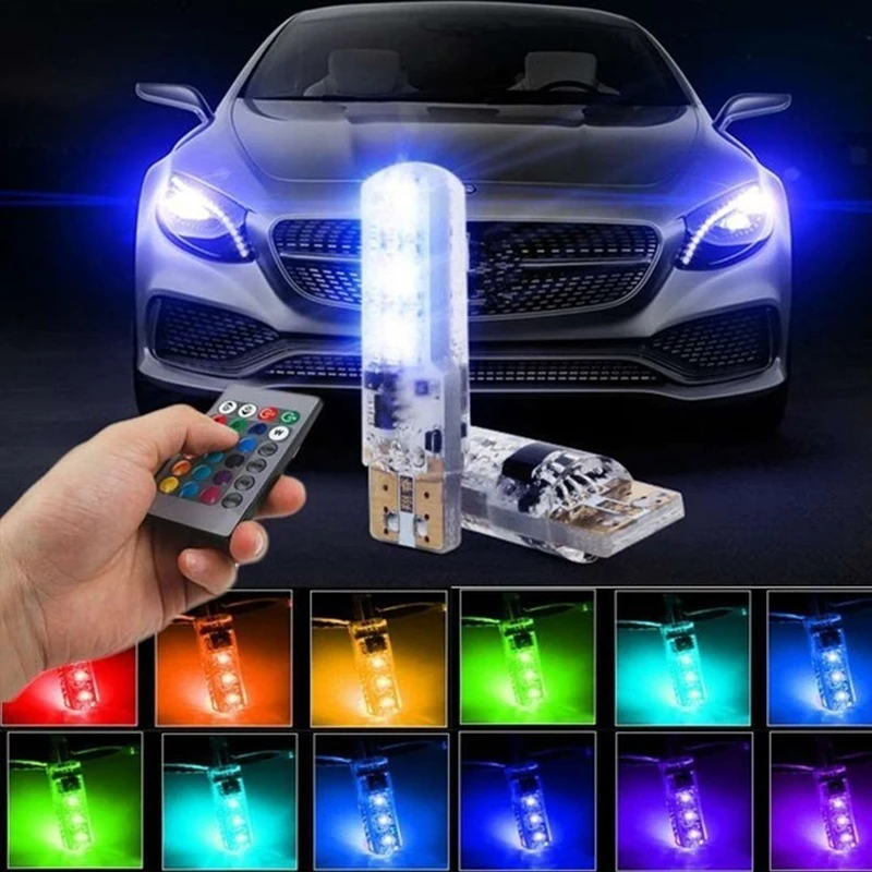 

2Pcs T10 Waterproof W5w 501 Car Wedge Side Light Bulb-6SMD 5050 RGB 7 Color LED Remote Control Strobe Flash Atmosphere Lamp Bulb