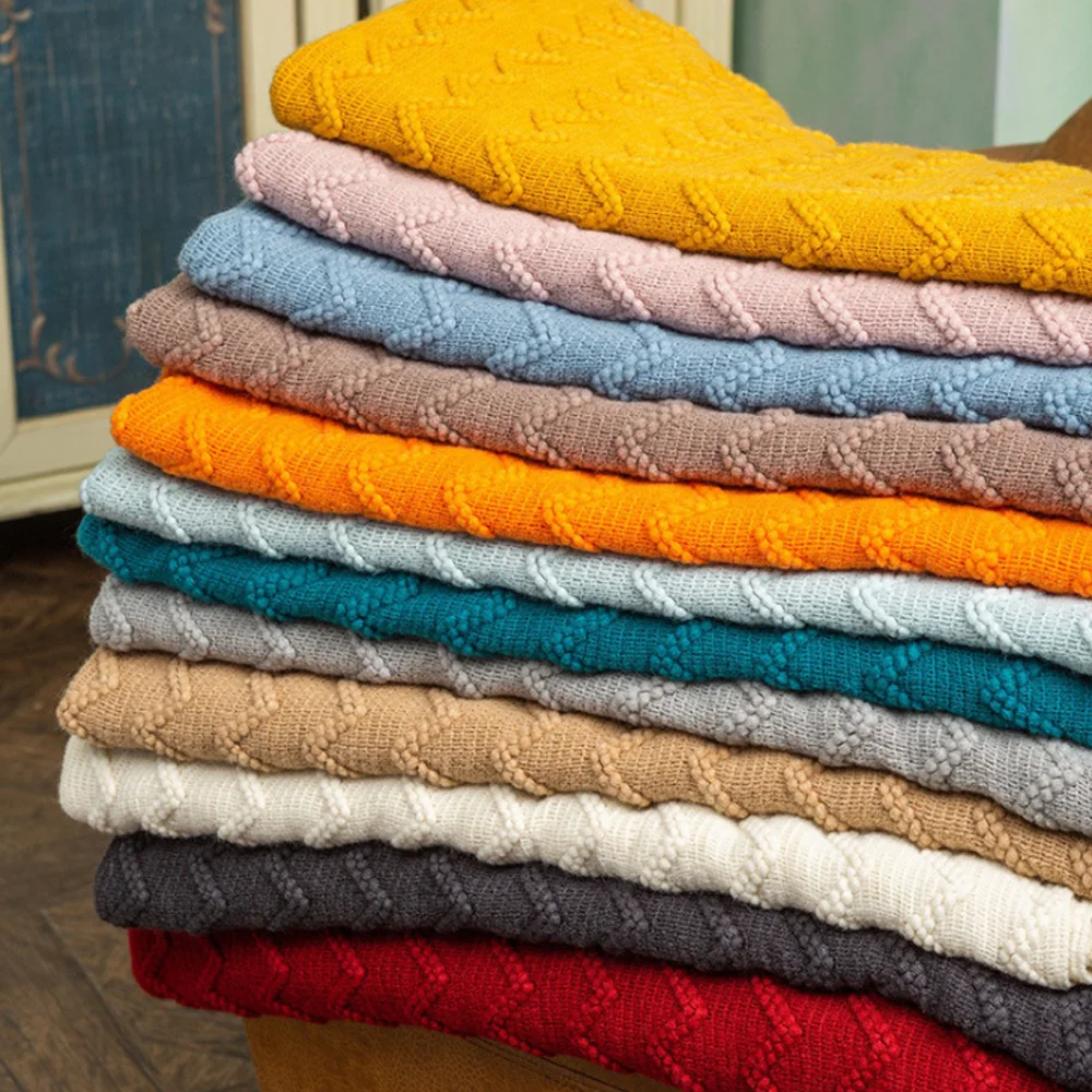 

Household Wave Knitted Solid Color Sofa Blanket Car Cover Blanket Striped Tassel Office Air Conditioning Blanket Bed End Blanket