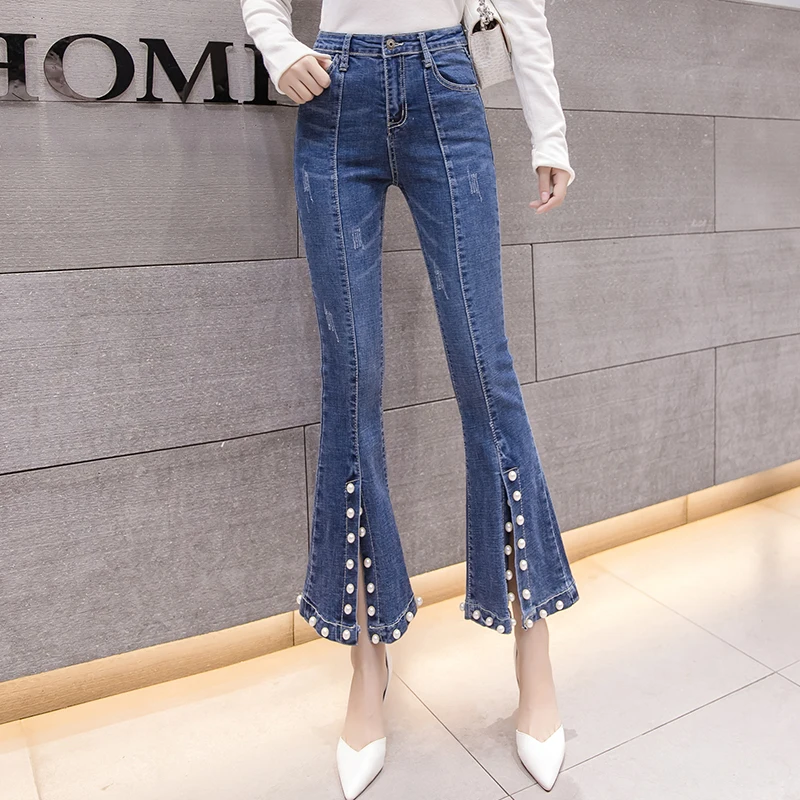 Женские джинсовые брюки 2019 Весна Осень Новые Модные с раструбом женский